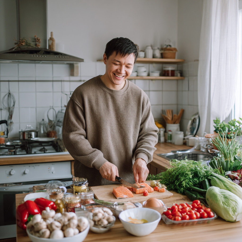 Счастливая казахстанская семья готовит здоровую еду на кухне, улыбаются и наслаждаются процессом приготовления сбалансированного питания