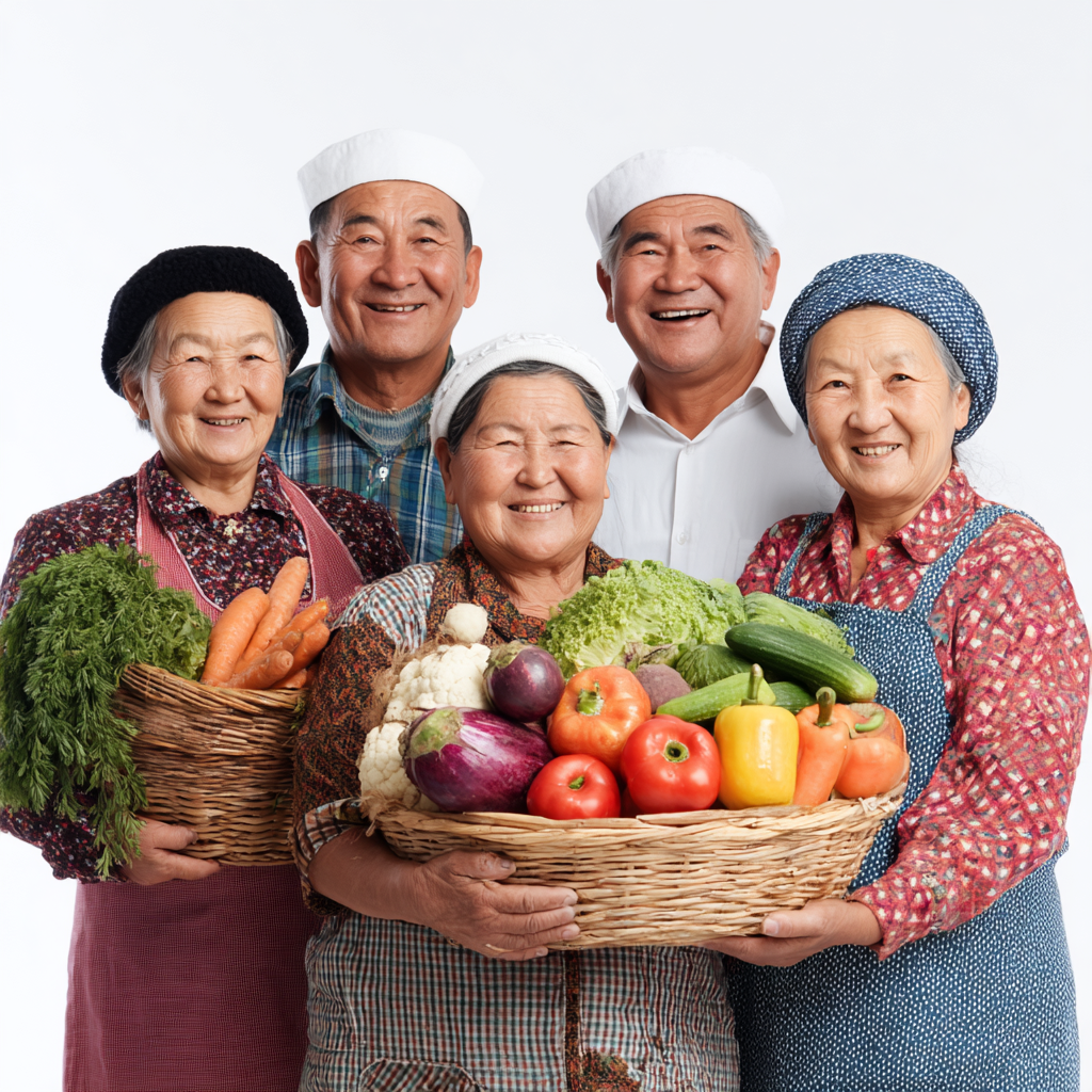 Группа улыбающихся взрослых людей казахской национальности разного возраста с здоровой едой, демонстрирующих радость от здорового образа жизни и правильного питания